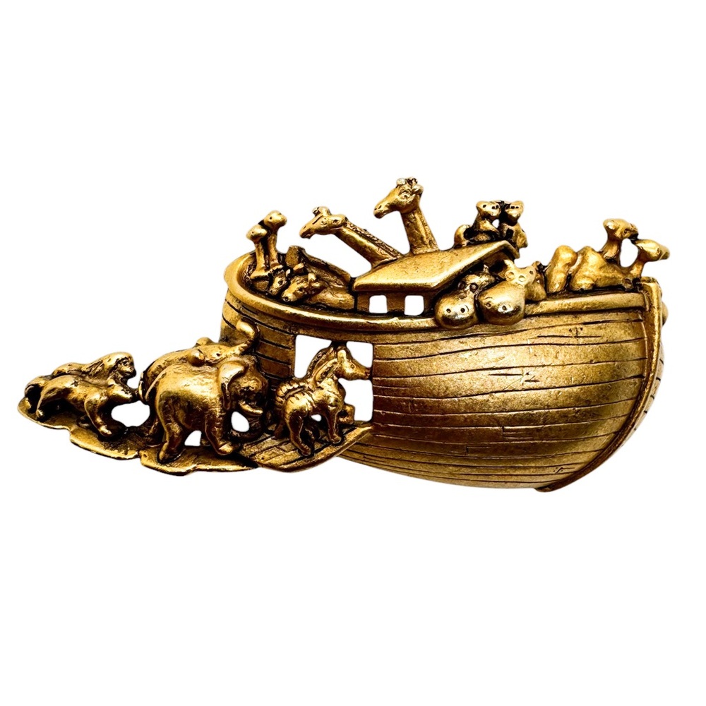 A.J.C. Noah's Ark Brooch Gold Tone Vintage Animals Boarding Ship Religious